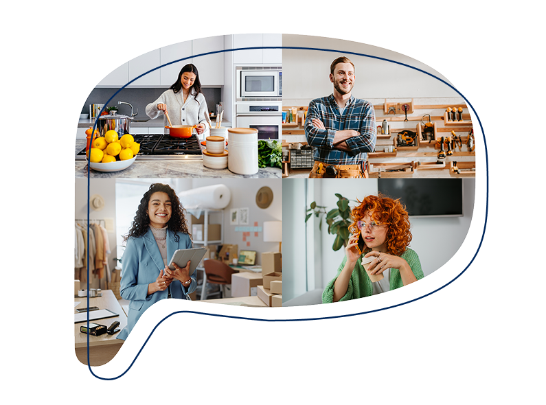 Collage einer/s Jugendlichen beim Kochen, beim Schneidern, beim Schreinern und beim Telefonieren in einer Sprechblase