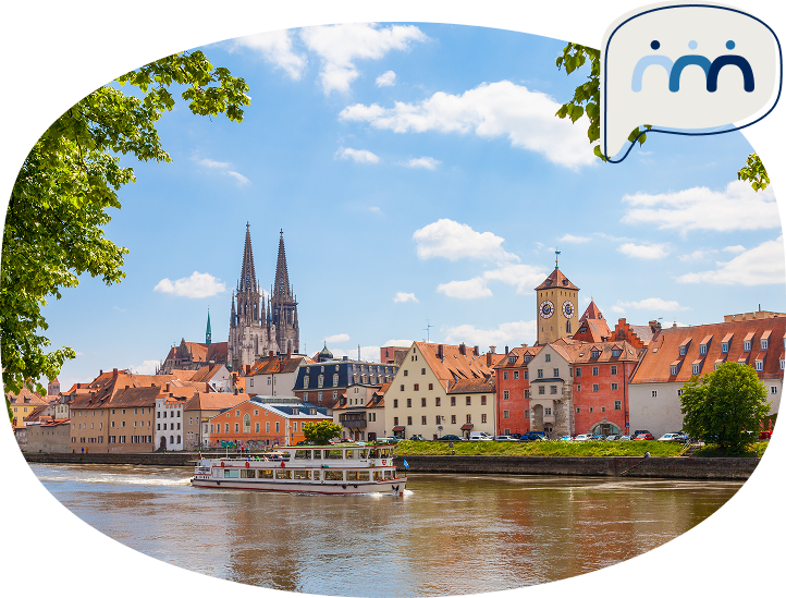 Blick auf die Regensburger Altstadt mit dem Dom, historischen Gebäuden und der Donau im Vordergrund.