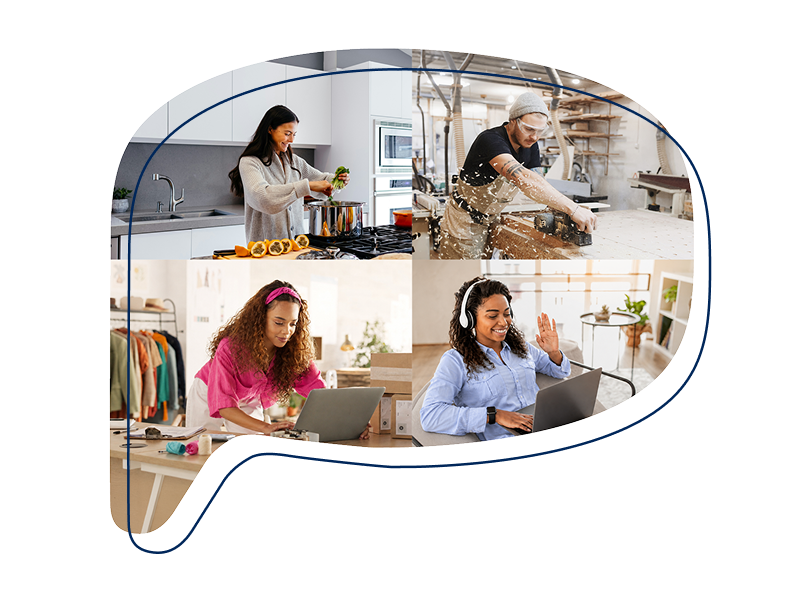 Collage mit jungen Menschen in den vier Werkstätten: Hauswirtschaft, Schreinerei, Schneiderei und Büromanagement